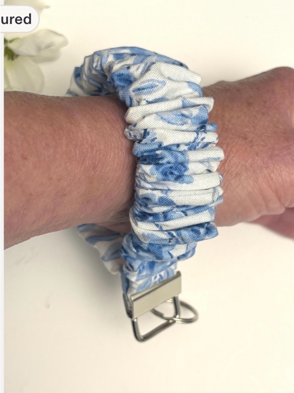 Blue Floral Scrunchie Keychain Strap Key Fob